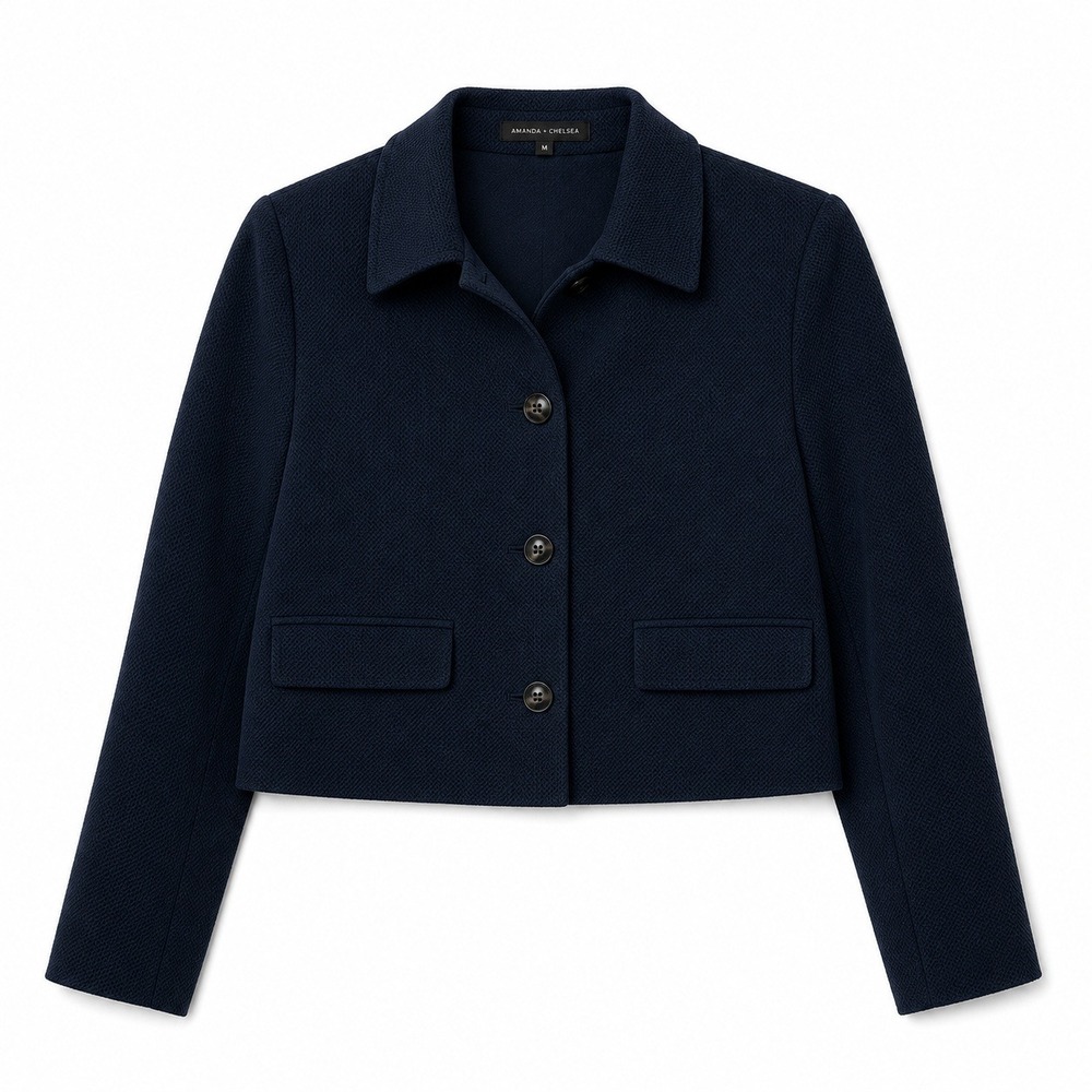 Amanda + Chelsea Navy Blue Textured Cropped Blazer Jacket Womens Medium NWT